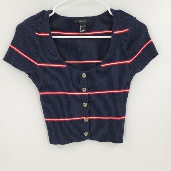 Forever 21 blue striped crop top short sleeve shirt tee medium tshirt - Picture 1 of 3